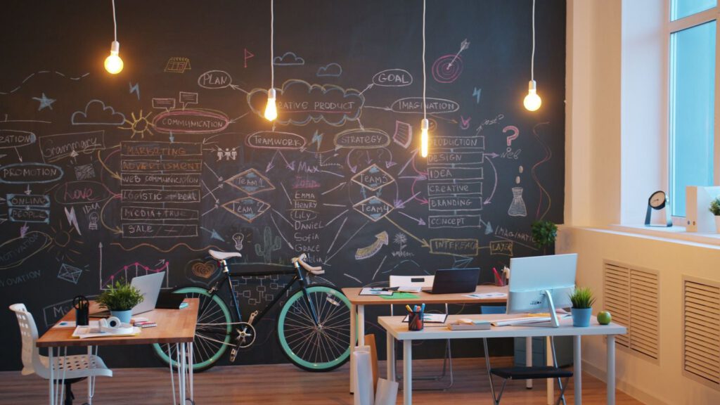 Creative office with a chalkboard wall covered in planning diagrams